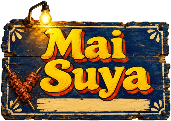 The Mai Suya signboard: the stall’s name hand-painted in yellow on blue boards, a bulb above and two suya skewers
